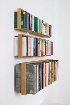 three bookshelves are stacked on the wall