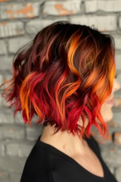 These Short Wavy Bob Ideas Are More Revolutionary Than You Think! Autumn Vivid Hair Color, Short Fire Hair, Short Wavy Bob Haircuts, Fire Ombre Hair, Sunset Hair Color, Flame Hair, Color Block Hair, Bob Ideas, Dynamic Personality