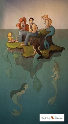 some people are sitting on an island floating in the water with mermaids around them