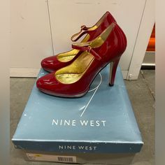 Nine West Red Patent Leather Mary Jane Heels Size 7 New Never Worn In Original Box Teal High Heels, Grey Pumps, Nine West Heels, Black Block Heels, Stiletto Shoes, Mary Jane Heels, Leather Mary Janes, Open Toe Sandals, Nine West Shoes