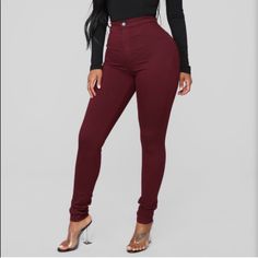 Burgundy High Waisted Skinny Jeans Never Worn Fit Is True To Size Fitted Burgundy Casual Jeans, Red Fitted High-waisted Jeans, Burgundy High-waisted Pants With Pockets, Non-stretch High Waist Burgundy Pants, Burgundy Jeans, Fashion Nova Jeans, Jeans Style, Colored Jeans, Fashion Nova