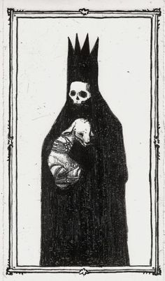 a black and white drawing of a person with a skull on their head holding a baby