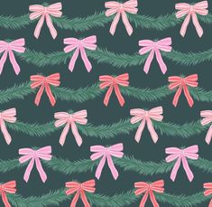 pink bows and pine needles on a dark green background seamless wallpaper with christmas tree branches