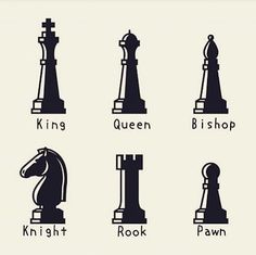 four chess pieces with the names of them in black and white on a gray background