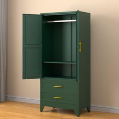 a green cabinet with two drawers and a yellow handle on the bottom drawer, in front of a beige wall