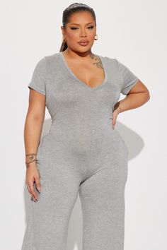 Available In Black, Heather Grey, And Denim. Jumpsuit Short Sleeve V-Neck Side Pockets Wide Leg Stretch 95% Rayon 5% Spandex Imported | Perfect Weekend Jumpsuit in Heather Grey size Small by Fashion Nova Gray Fitted V-neck Jumpsuits And Rompers, Trendy V-neck Bodysuit For Loungewear, Stretch V-neck Jumpsuits And Rompers For Loungewear, Solid Color V-neck Bodysuit For Loungewear, Casual V-neck Bodysuit For Loungewear, Stretch Elastane V-neck Jumpsuits And Rompers, Trendy Fitted V-neck Jumpsuits And Rompers, Elastane V-neck Bodysuit For Loungewear, V-neck Elastane Bodysuit For Loungewear