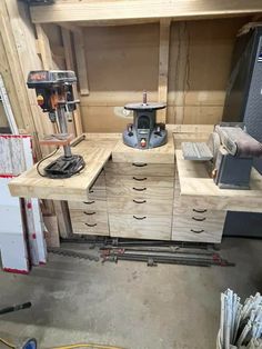 a workbench with many drawers and tools