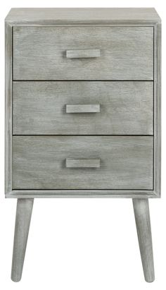 a grey wooden nightstand with three drawers