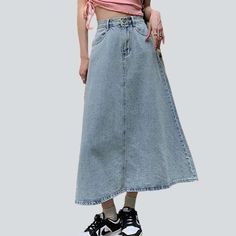 Introducing the latest addition to our 2023 Spring-Summer Collection ââ‚?a light blue bleached denim skirt in the timeless 90s style! From its elevated-waist A-line fit to its zipper & button closure. this skirt will make you look effortlessly cool and chic.Why You Need This SkirtPerfectly embodying the iconic '90s punkish spirit. this skirt is all about subtle sophistication and a rebellious vibe. With its distinctively bleached pattern. it's a statement all on its own. making it the ideal comp Spring Mid-rise Washed Denim Skirt, Light Blue High Waist Casual Denim Skirt, Casual Light Blue High Waist Denim Skirt, Casual High Waist Light Blue Denim Skirt, Light Blue Casual Cotton Denim Skirt, High Waist Light Blue Denim Skirt, Casual Light Blue Cotton Denim Skirt, Trendy Light Blue Denim Skirt For Spring, Summer Light Blue Denim Skirt