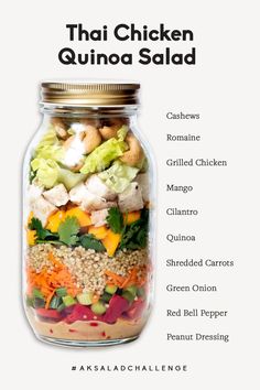 the ingredients for thai chicken quinoa salad in a mason jar with text overlay