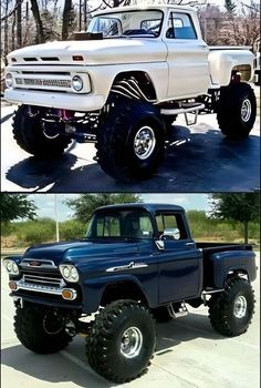 two pictures of the same truck in different stages