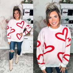 Complete My Heart Sweater Cute Heart-shaped Winter Sweater, Oversized Heart Print Sweater For Fall, Cute Winter Sweater With Heart Print, Trendy Winter Sweater With Heart Design, Casual Winter Sweater With Heart Print, Cute Heart Print Winter Sweater, Casual Heart Print Sweater For Winter, Trendy Heart-shaped Valentine's Day Sweater, Oversized Crew Neck Sweater With Heart Print