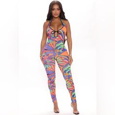 Brand New Fashion Nova Colorful Jumpsuit Multicolor Overalls Jumpsuit For Vacation, Multicolor Overall Jumpsuit For Vacation, Multicolor Overall Jumpsuits And Rompers For Vacation, Trendy Multicolor One-piece Bodysuit, Multicolor Sleeveless Floral Print Bodysuit, Casual Multicolor Printed Bodysuit, Casual Printed Multicolor Bodysuit, Trendy Orange Jumpsuits And Rompers For Beach, Multicolor Spring Vacation Bodysuit