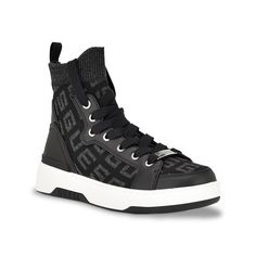 Guess-Mannen Sneaker Set the fashion bar high when you go out in the Mannen sneaker by Guess. The high-top sneaker has a comfortable knit fabric upper sporting a repeat signature text that looks iconic. An EVA footbed and rubber sole support every step. Trending Handbags, Trending Sneakers, Athletic Sneakers, Sneaker Shopping, Kids Bags, Go Out, High Top, The Fashion, Bags Women