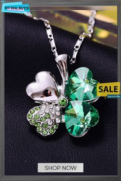 Heart Crystal Pendant Four Leaf Clovers Necklaces Green Heart Pendant Necklace For Mother's Day, Green Alloy Jewelry For Gift, Green Heart-shaped Jewelry For Party, Green Necklaces For Valentine's Day Party, Green Heart-shaped Party Jewelry, Valentine's Day Silver Jeweled Necklaces, Silver Jeweled Necklaces For Valentine's Day, Valentine's Day Silver Jewel Necklace, Four Leaf Clover Necklace