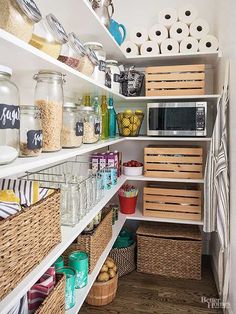 an organized pantry with lots of food items