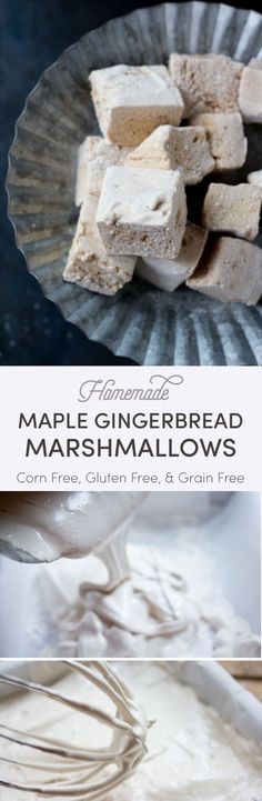 the ingredients for maple gingerbread marshmallows are shown in three different pictures