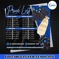 💙Hair Price list Flyer: Hair Bundle Deals, Extensions Pricing Flyer, Wig Price List Template, Bundle Offers, Hair Extensions, Wig Sale* 💙IMPORTANT NOTE: This is a digital product. No physical items will be shipped. Simply download the template and use it with Canva, an easy-to-use online graphic design tool. 💙WHAT YOU'LL RECEIVE: Canva Templates sized for Instagram posts (1080 × 1080 px)PDF with the Canva Template link and instructions. 💙WHAT CAN YOU EDIT: Customize colors and fonts Add your own text and images Resize and rearrange elements Delete graphics Change text colors Easily revert or undo changes This DIY template is perfect for various businesses such as clothing boutiques, lash bars, nail salons, beauty salons, hair studios, and spas. Elevate your social media presence with t Wig Price List, Hair Price List, Wig Sale, Hair Bundle Deals, Price List Template, Online Graphic Design, Graphic Design Tools, Hair Studio, List Template