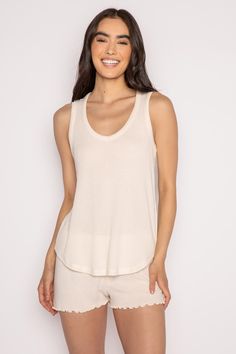 2x2 ivory rib sleep set in V-neck tank & sleep short with mini buttons. (7199531958372) Solid Ribbed Tank Top For Loungewear, Comfortable Summer Sleepwear, Cotton V-neck Tank Top For Loungewear, Comfortable Seamless Loungewear Top, Comfortable Seamless Tops For Loungewear, Comfortable Sleeveless Sleep Tops, Casual Seamless Tops For Lounging, Beige Tank Top For Daywear, Soft Texture Tops For Relaxation In Spring