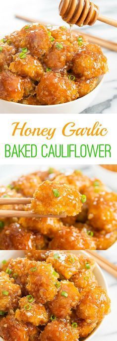 roasted honey garlic cauliflower with chopsticks on the side and in a white bowl