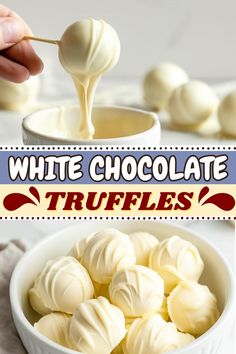 white chocolate truffles in a bowl being dipped with icing and drizzle