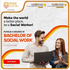 a man and woman are looking at a laptop computer screen with the caption bachelor social work