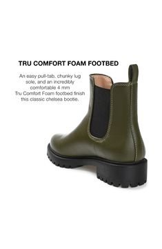 A toothy lugged tread on a low platform brings chunky lift to a faux-leather Chelsea boot styled for simplicity with a plain rounded toe. 1 1/2" heel 5" shaft height, 10" opening circumference Pull-on style Stretch shaft insets Comfort cushioned insole Synthetic upper, lining and sole Imported Chelsea Boots Style, Leather Chelsea Boots, Journee Collection, Chelsea Boot, Lug Sole, Bootie, Nordstrom Rack, Chelsea Boots, Vegan Leather