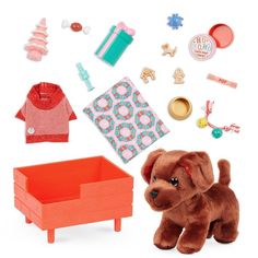 a brown dog standing next to a red box filled with toys and other items on a white background