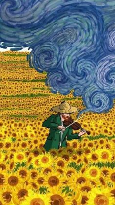 a painting of a man playing violin in front of a field of sunflowers