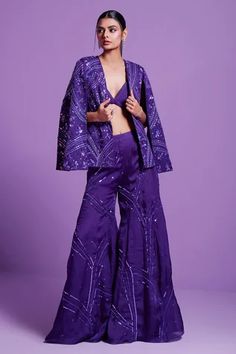 Shop for PARUL GANDHI Purple Satin Organza Embellished Cape Sleeve Jacket Pant Set for Women Online at Aza Fashions Purple Cape, Modern Bridal Gowns, Fantasy Outfits, Indian Wedding Bride, Indian Bridal Lehenga, Vacuum Storage, Purple Pants, Purple Jacket, Bralette Top