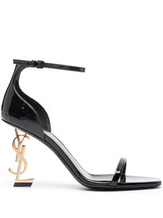 black calf leather patent finish square open toe single toe strap branded footbed buckle-fastening ankle strap signature Cassandre logo plaque high sculpted heel Salto Saint Laurent, Ysl High Heels, Book Closet, Heels Louis Vuitton, Saint Laurent Heels, Saint Laurent Sandals, Louis Vuitton Heels, Pretty Heels, Unique Heels