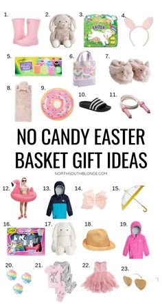 a poster with the words, no candy easter basket gift ideas