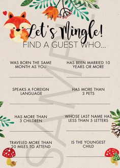 an animal themed baby shower game with the words let's mingle, find a guest