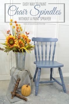 a blue chair next to a potted plant with sunflowers in it and the words easy way to paint chairs sprinkles without a paint sprayer