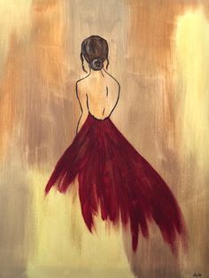 a painting of a woman in a red dress with her back turned to the camera