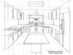 a drawing of a kitchen with an island in the middle and cabinets on both sides