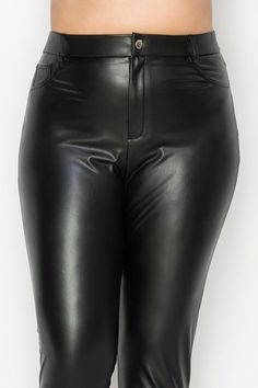 PLUS Faux Leather Zip Skinny Leggings Brand: IRIS Style: IP7954PL Fabric: 92% Polyester 8% Spandex Details: A knit pair of plus-size pants made of faux leather fabric featuring solid color, belt loops, zip-fly button, five-pocket construction, and a skinny fit. Faux Leather Fabric, Plus Size Pants, Leather Fabric, Black Leggings, Faux Leather, Solid Color, Leggings, Spandex, Plus Size