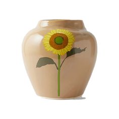 a vase with a sunflower painted on the front and side, sitting against a white background