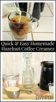 the ingredients to make homemade hazelnut coffee creamer are shown in three different pictures