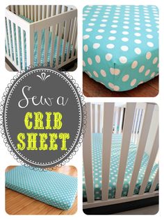 the crib sheet is blue and white with polka dots