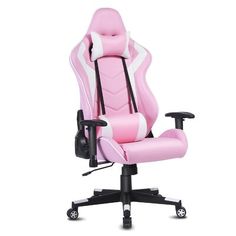 a pink and white office chair with wheels on the bottom, in front of a white background