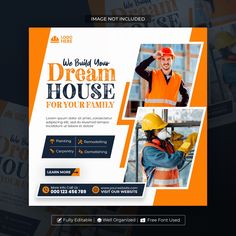 a flyer for a construction company with an image of a man in orange safety gear