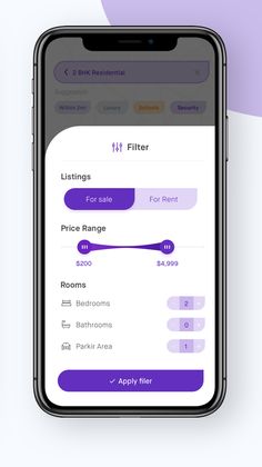 an iphone screen showing the settings and options for filters in filterr app, with purple background