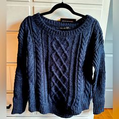 Never Been Worn Navy Blue Chunky Cable Knit Sweater From Banana Republic. Cozy Oversized Sweater With Slouchy Fit. Great Quality, Cozy Cable Knit Perfect For Fall & Winter. Never Worn, Tags On. Secondhand Embarrassment, Brandy Outfit, Navy Cable Knit Sweater, Dark Blue Sweater, Cozy Oversized Sweaters, Outfit Pieces, Chunky Cable Knit Sweater, Navy Outfit, Chunky Cable Knit