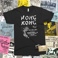 The Hong Kong Café was a Los Angeles restaurant and music venue that was a part of the Los Angeles punk rock scene during the late 1970s and early 1980s followed by a resurgence from 1992 to 1995. Located at 425 Gin Ling Way in the Chinatown district of Downtown Los Angeles,  and across the way from sometimes rival Esther Wong's Madame Wong′s, the former Chinese restaurant was open to audiences of all ages. The Plugz and UXA played at the club's opening night on June 7, 1979, and numerous bands, Punk History, Hong Kong Cafe, T-shirt Design Illustration, Alley Cats, Western Civilization, Los Angeles Restaurants, Tshirt Design Inspiration, Vintage Los Angeles, Shirt Design Inspiration