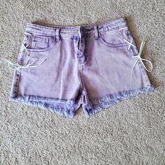 Jean Shorts With Frayed Hems Front And Back Pockets Accented With Ties On Sides Never Worn - Perfect Condition Trendy Purple Jean Shorts For Summer, Casual Purple Jean Shorts For Summer, Trendy Purple Bottoms For Day Out, Shein Shorts, Tie Shorts, Light Purple, Color Purple, New Color, Jean Shorts