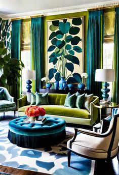 a living room filled with furniture and green curtains