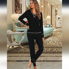 Agfan Women’s Pajamas Set Long Sleeve Pjs Sets With Jogger Pants 2 Piece Outfits Two Piece Sleepwear Loungewear In Black Size Large, Brand New With Tags. Comfortable Black Sleepwear For Pajama Party, Comfortable Black Sleepwear For Loungewear, Casual Black Sets For Relaxation, Black Long Pants Sleepwear, Comfortable Stretch Black Sleepwear, Black Long Sleeve Sleepwear For Relaxation, Black Loungewear Set With Long Pants, Black Stretch Sleepwear For Relaxation, Stretch Black Sleepwear For Relaxation