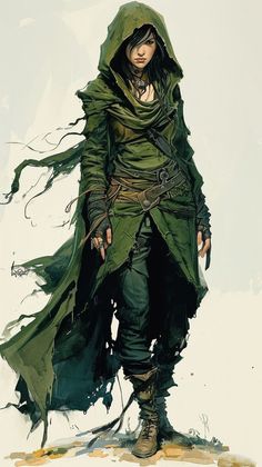 a drawing of a person with a hood on and green clothes, standing in the snow