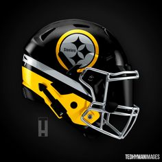 a football helmet with the pittsburgh logo on it's side, against a black background